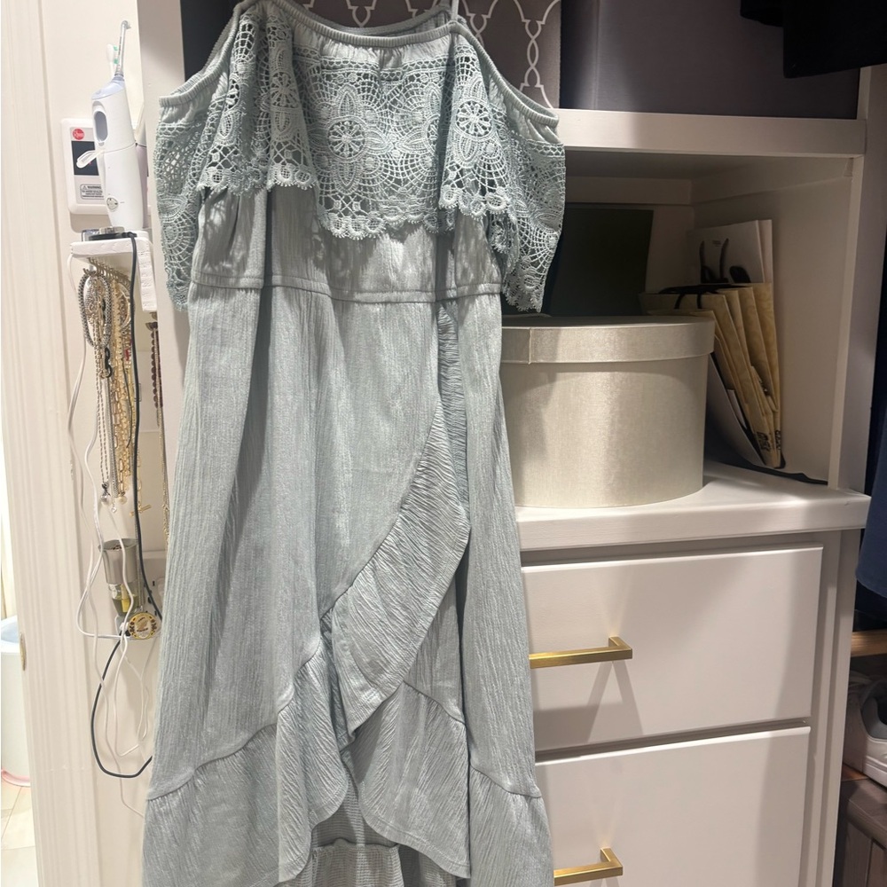 Blue and Green Ruched Tiered Asymmetrical Sundress